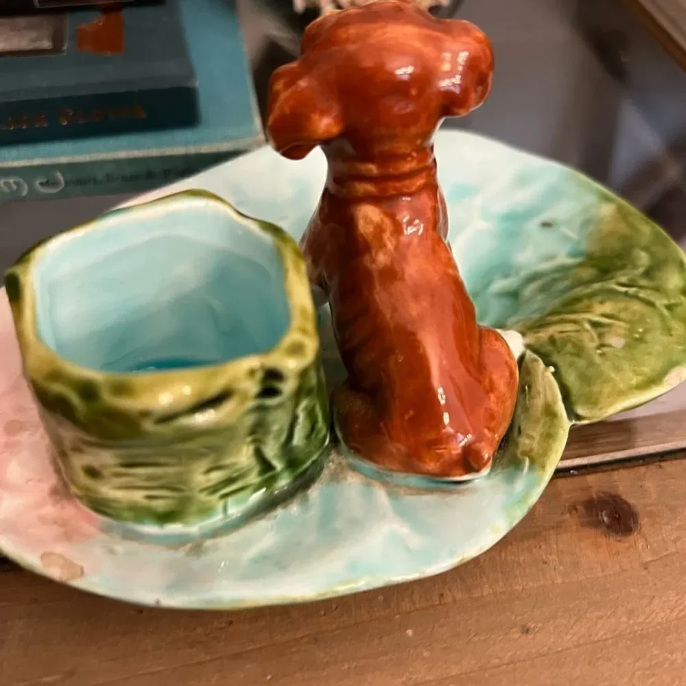 Vintage ceramic puppy on lily pad w tree holder.